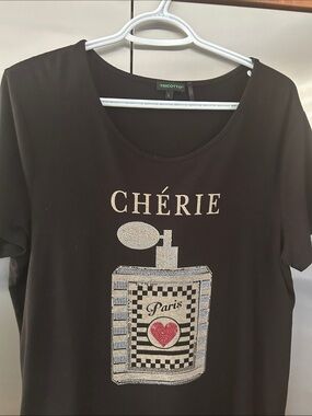 Tricotto Black Short Sleeve Tee with Rhinestone Perfume Bottle Graphic